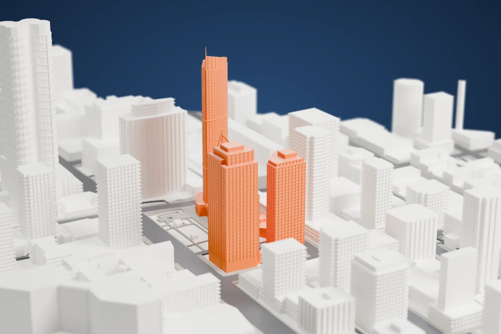 A white 3D print of One Wall Centre, a tall rounded tower with a curved crown and a thin mast, standing on a low podium beside a second tower, among surrounding high-rise buildings.