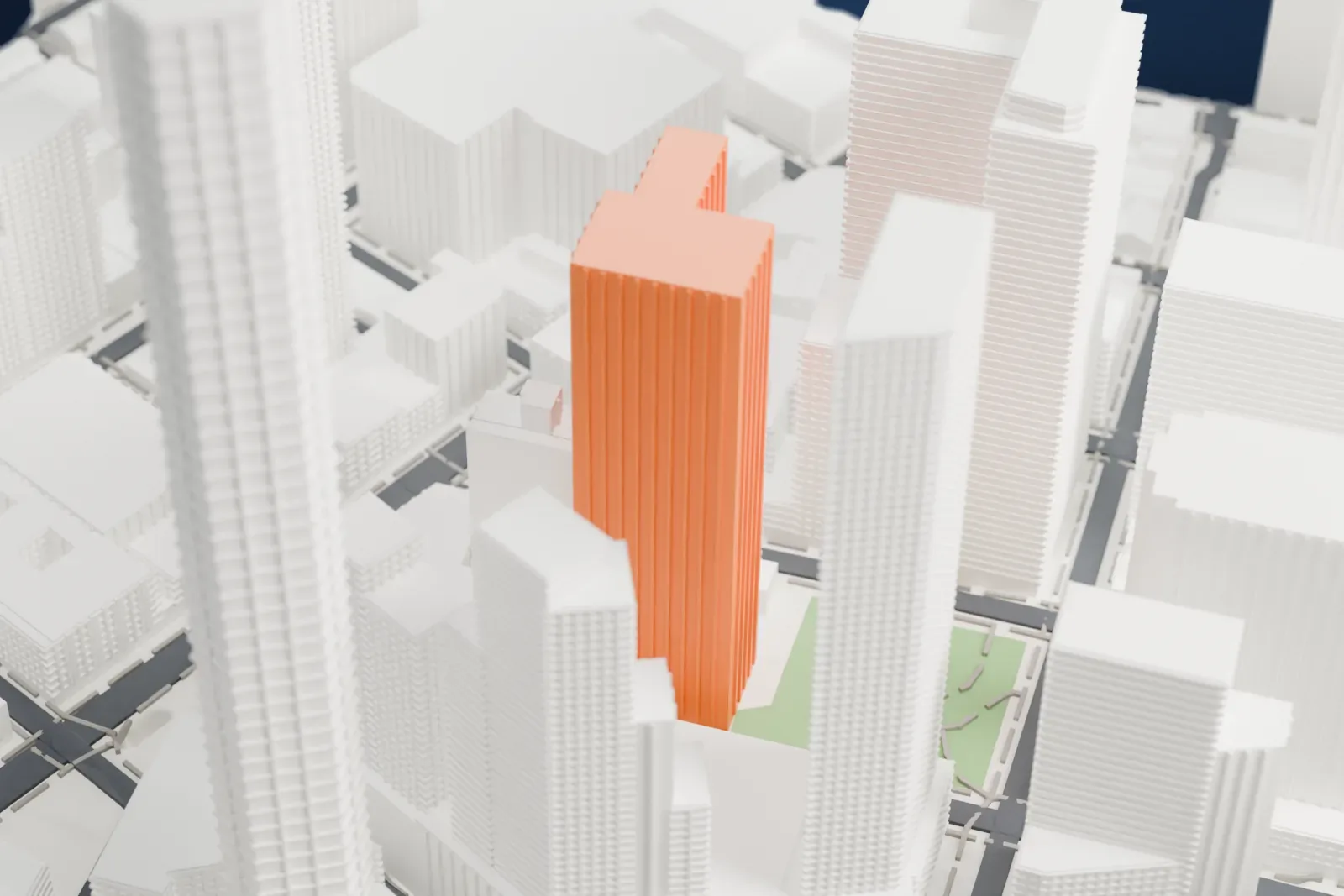 A white 3D print of One Willoughby Square, a tall tower with a stepped outline and an open-frame top, among other tall buildings and streets.