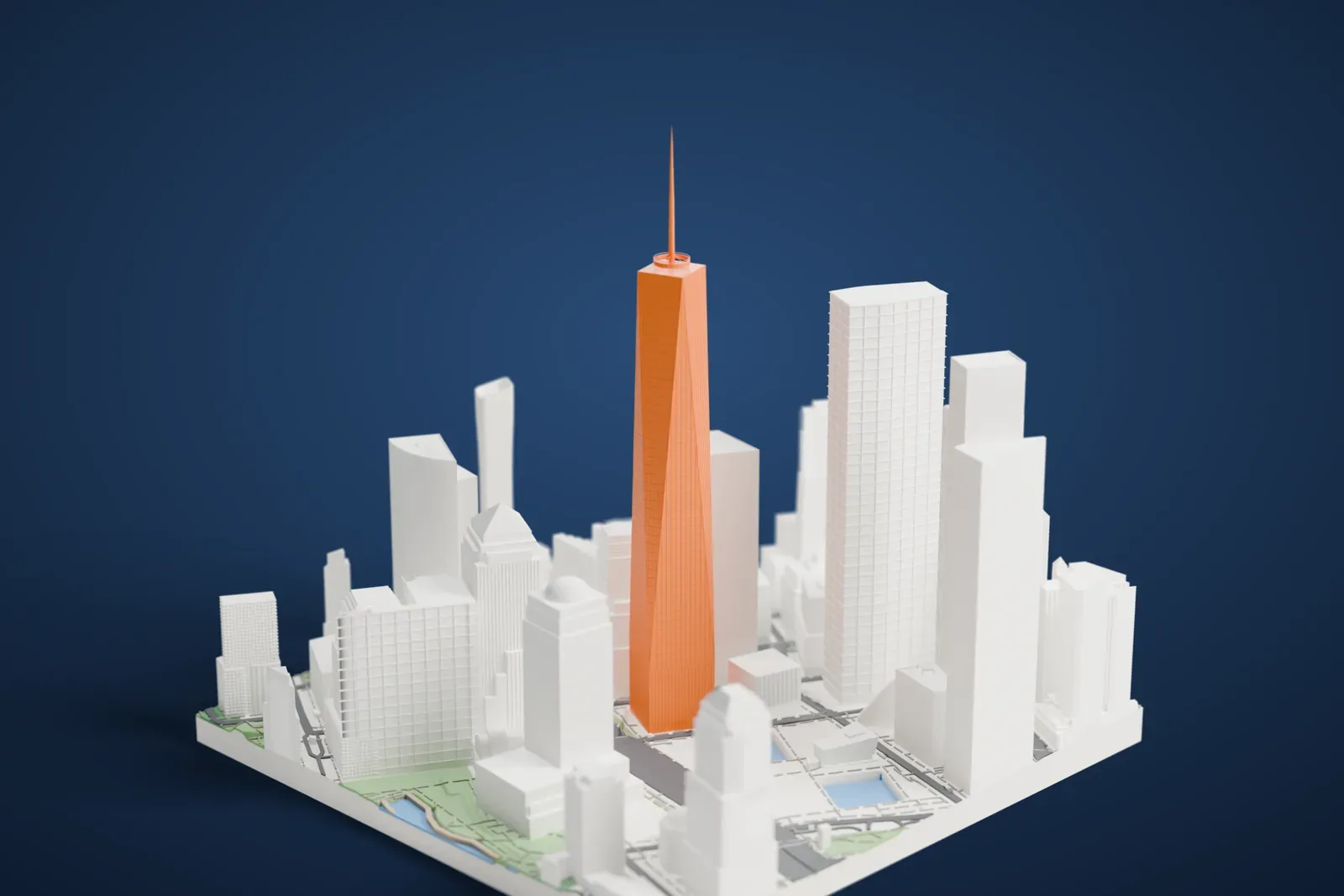 A white 3D print of One World Trade Center, a tapering tower with a thin spire, rising above neighboring towers, streets and blue pools in Lower Manhattan.