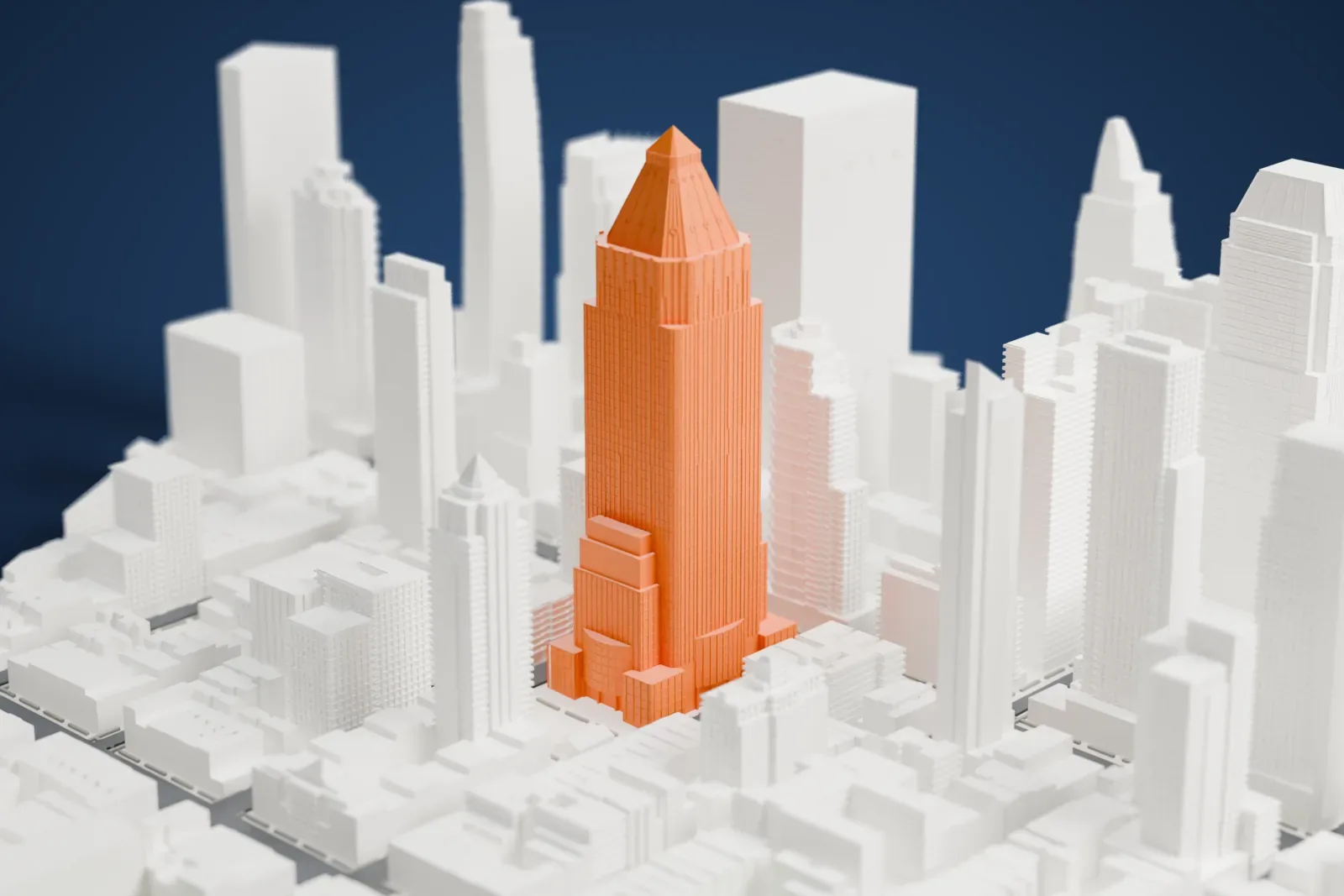 A white 3D print of One Worldwide Plaza, a tall tower with shallow setbacks, fine vertical piers and an eight-sided pyramidal roof, rising among dense city buildings.