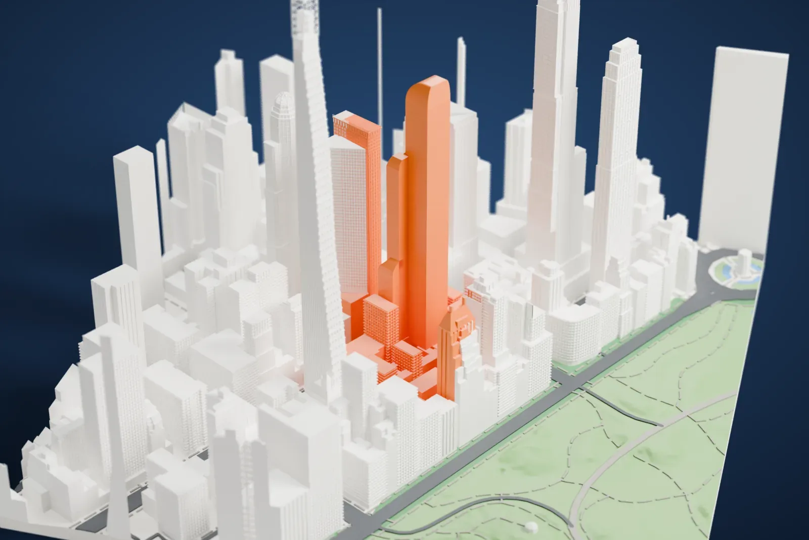 A white 3D print of One57, a slender tower with a curved top and stepped setbacks, rising among a dense cluster of skyscrapers with a park at one edge.