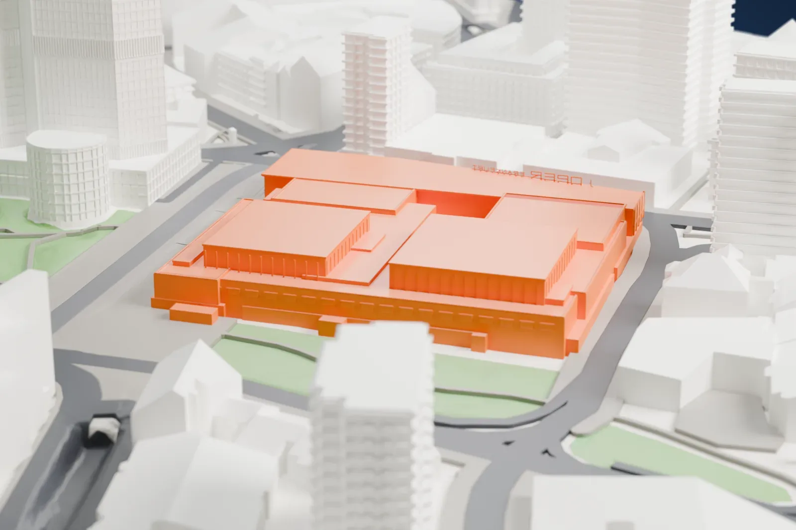 A white 3D print of Oper Frankfurt among the surrounding streets and buildings.