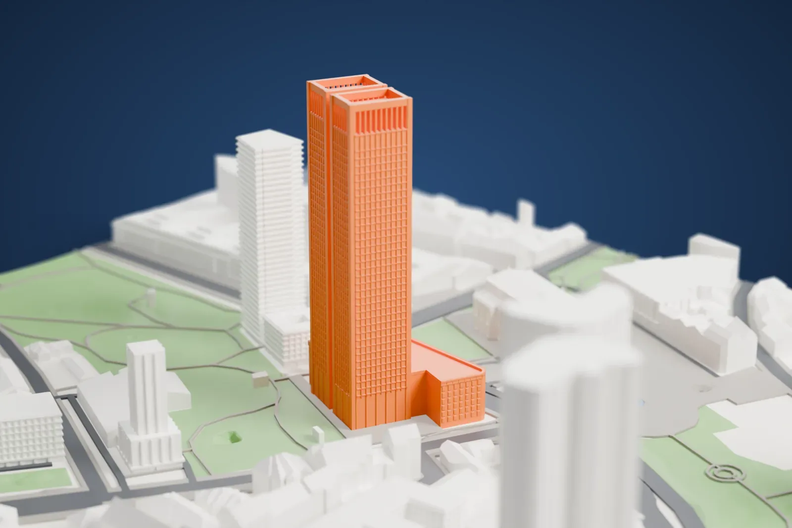 A white 3D print of the OpernTurm among the surrounding streets and buildings.
