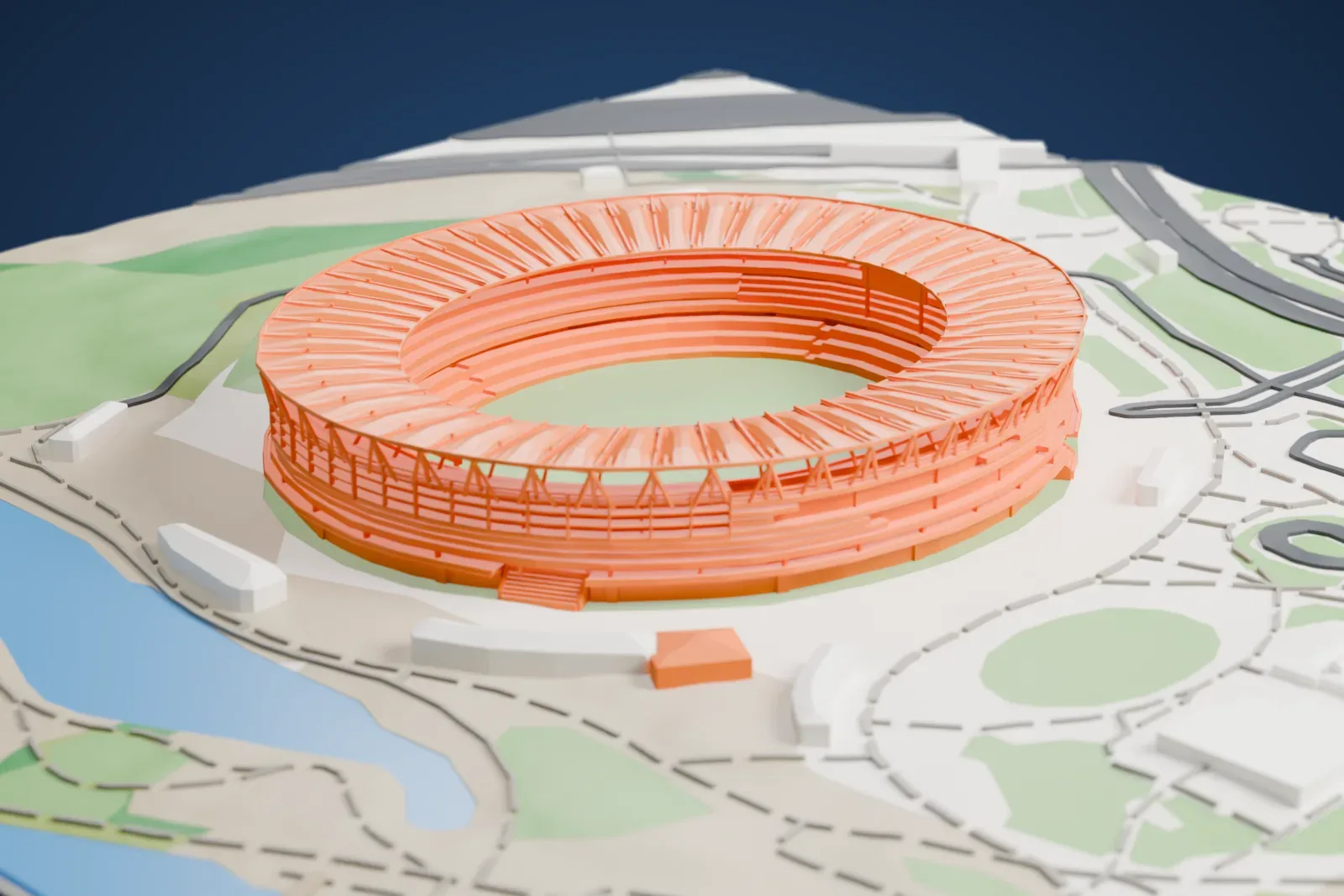A white 3D print of Optus Stadium, a round stadium with a ribbed roof ring, set among parkland, paths and lakes with a river beside it.