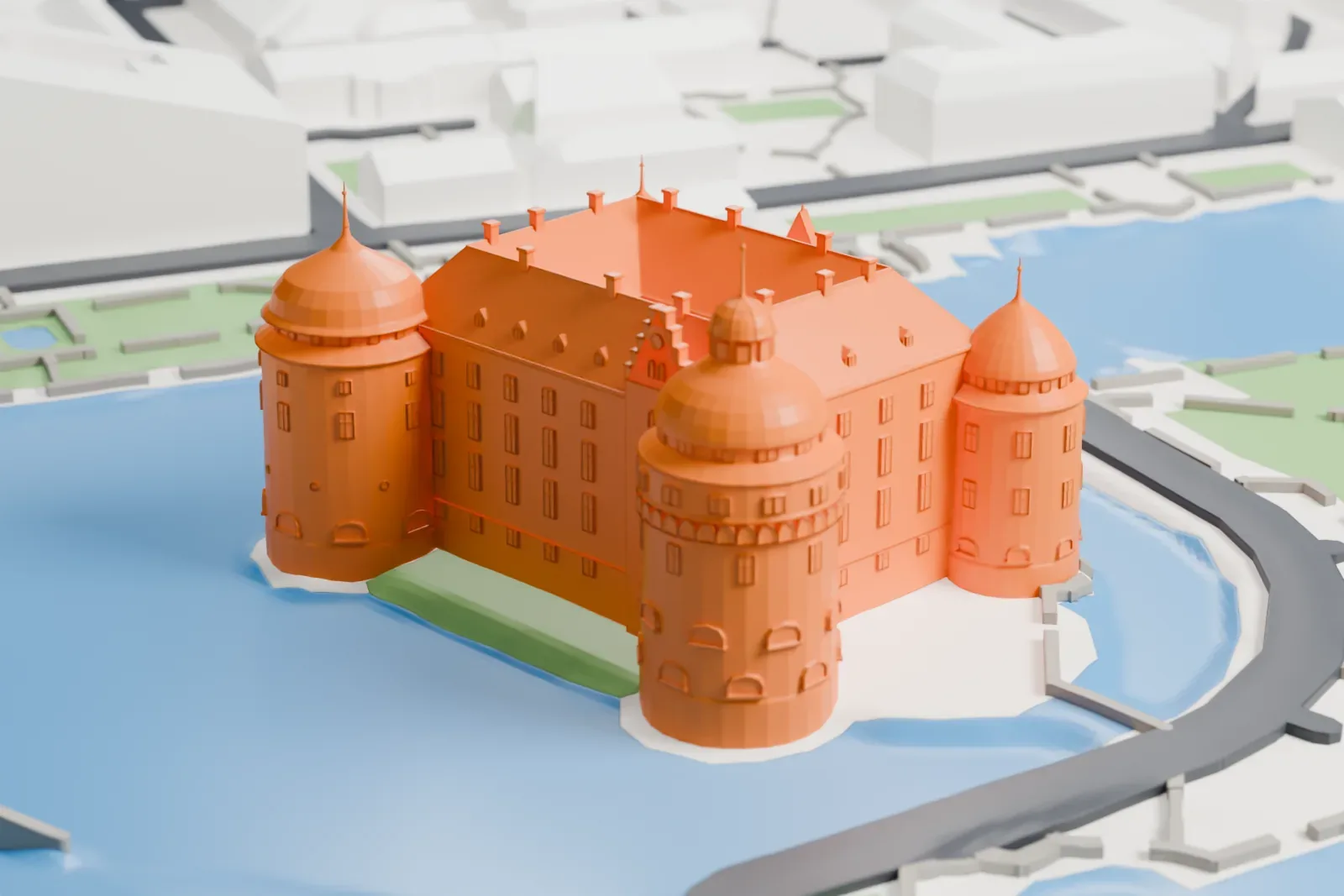A white 3D print of Örebro Castle, a square castle with four round domed corner towers on a small island ringed by river water, with bridges and park paths nearby.