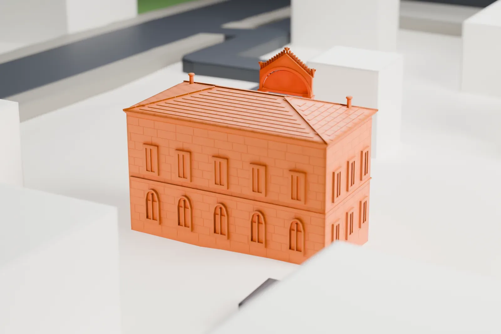 A white 3D print of Orient House, a two-story building with a hipped roof and a double staircase at the entrance, among surrounding buildings.