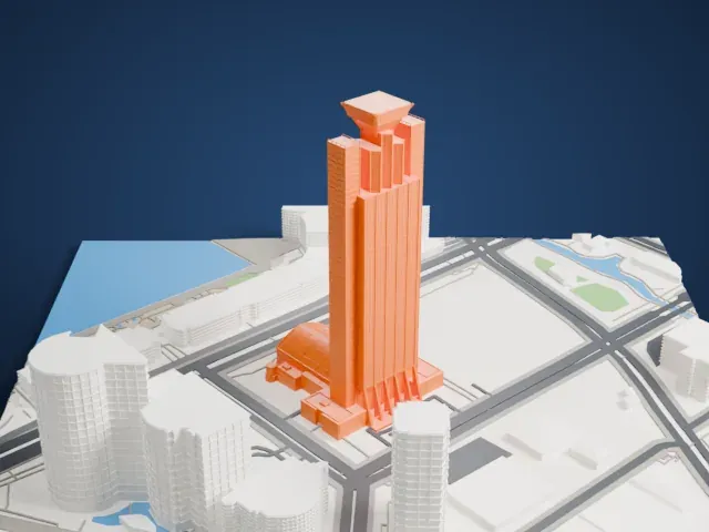Osaka Prefectural Government Sakishima Building model, East view