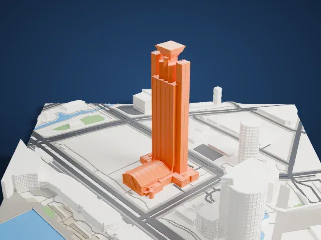 Osaka Prefectural Government Sakishima Building model, South view
