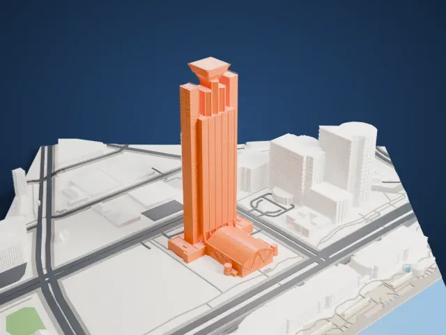 Osaka Prefectural Government Sakishima Building model, West view