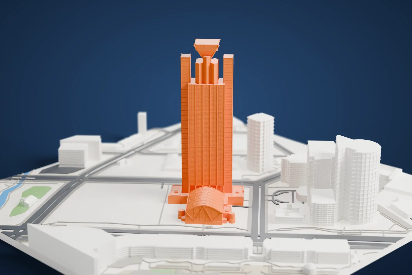 A white 3D print of the Osaka Prefectural Government Sakishima Building, a tall tower with an inverted pyramid at the top and a lattice-roofed hall at its foot, near water and surrounding buildings.
