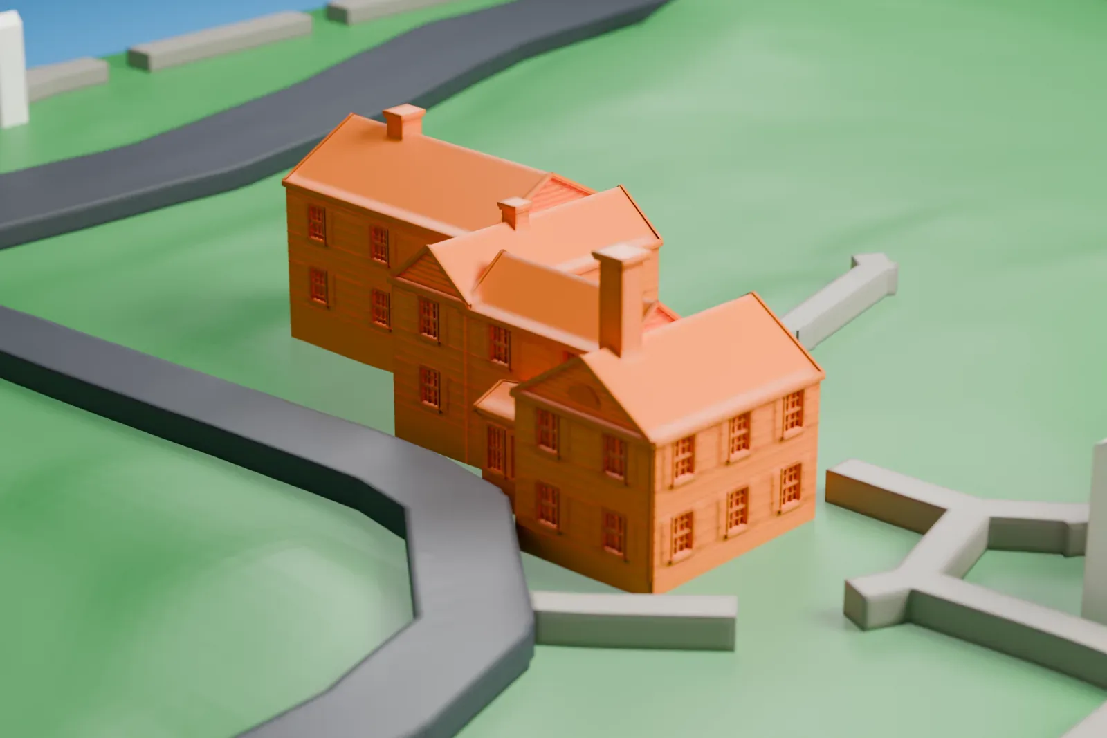 A white 3D print of the Osborne Homestead Museum, a house made of several joined wings with chimneys, standing on green parkland with curving paths and a road.
