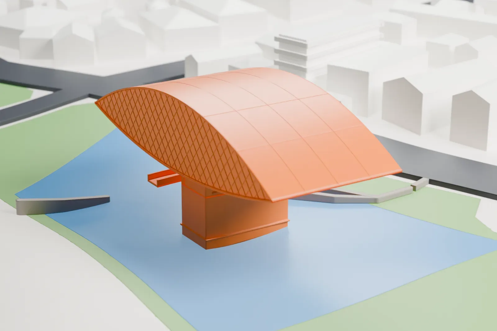 A white 3D print of the Oscar Niemeyer Museum's eye-shaped annex, a curved volume on a narrow block above a pool, set in a green garden.