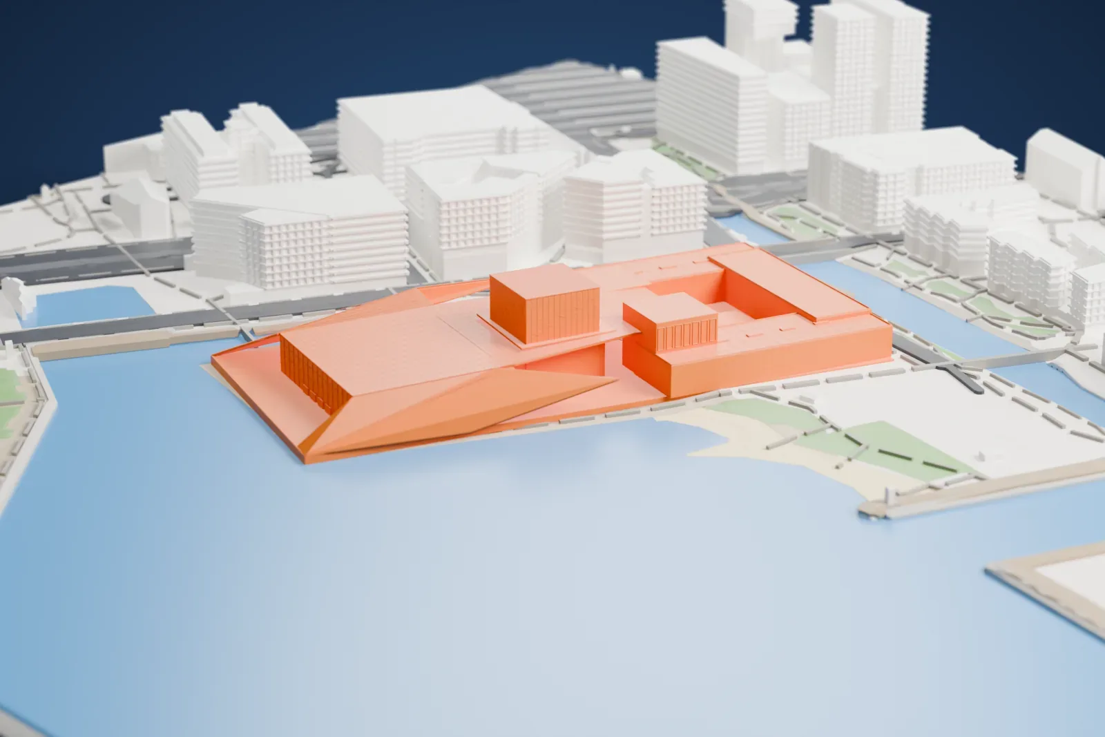 A white 3D print of the Oslo Opera House, a low building with angled roof planes sloping down to the water's edge and a taller stage tower, surrounded by water, waterfront paths and mid-rise buildings.
