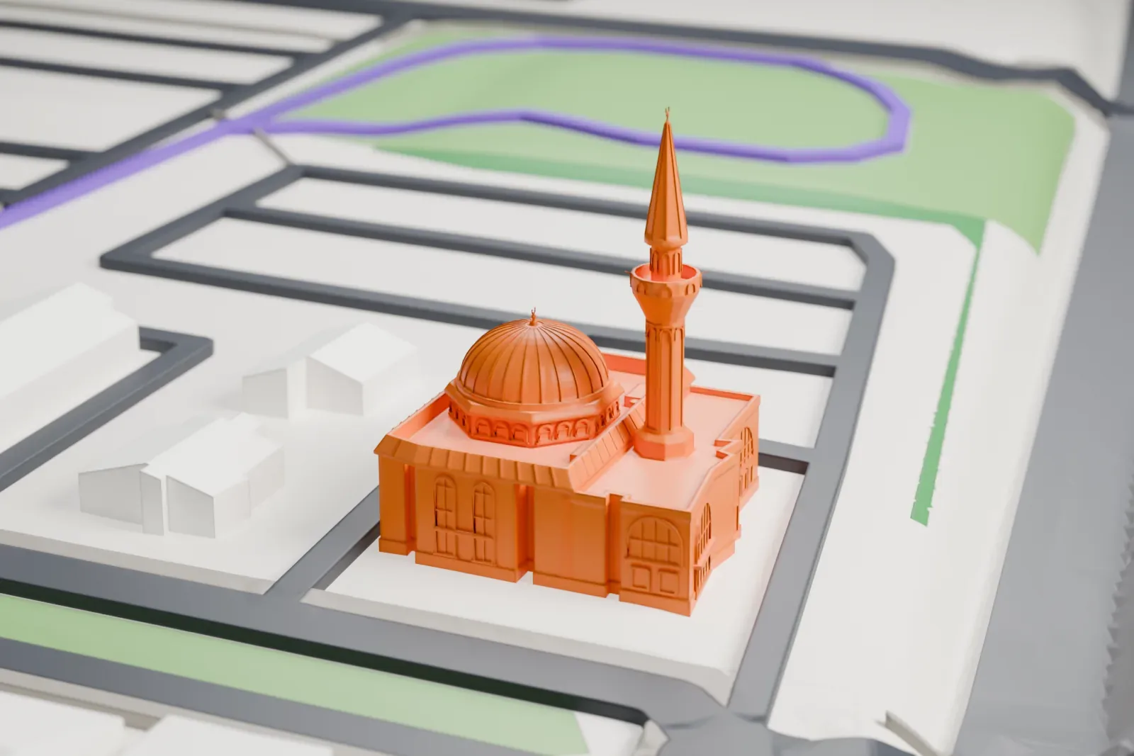 A white 3D print of the Ottawa Mosque, with surrounding streets and buildings.
