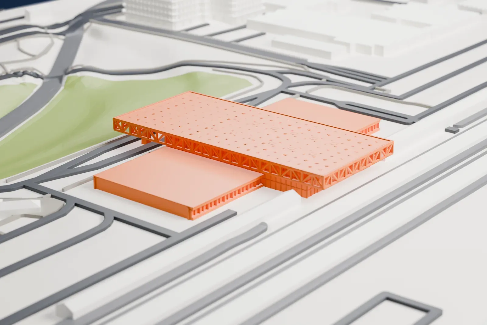 A white 3D print of Ottawa station with the surrounding streets and buildings.