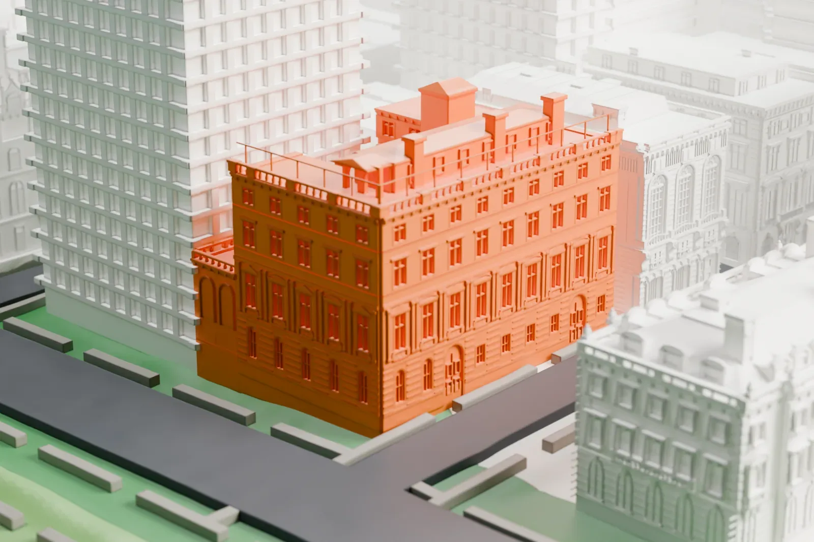 A white 3D print of the Otto H. Kahn House, a tall four-story mansion with a roof railing beside a tree-lined park edge and taller neighbors.