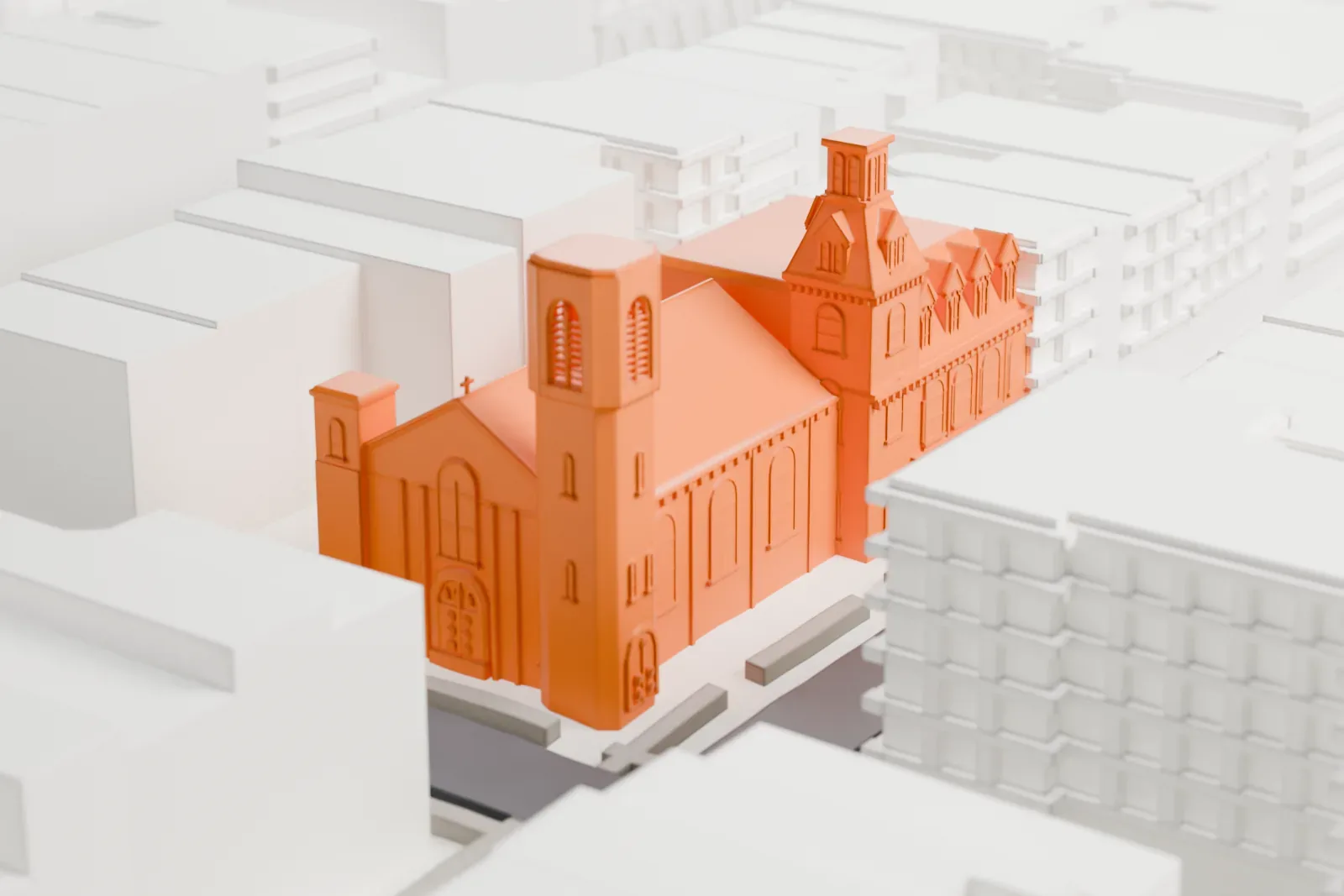 A white 3D print of Our Lady of Lebanon Maronite Cathedral, a church with two towers and a long roof, among dense blocks of taller buildings.