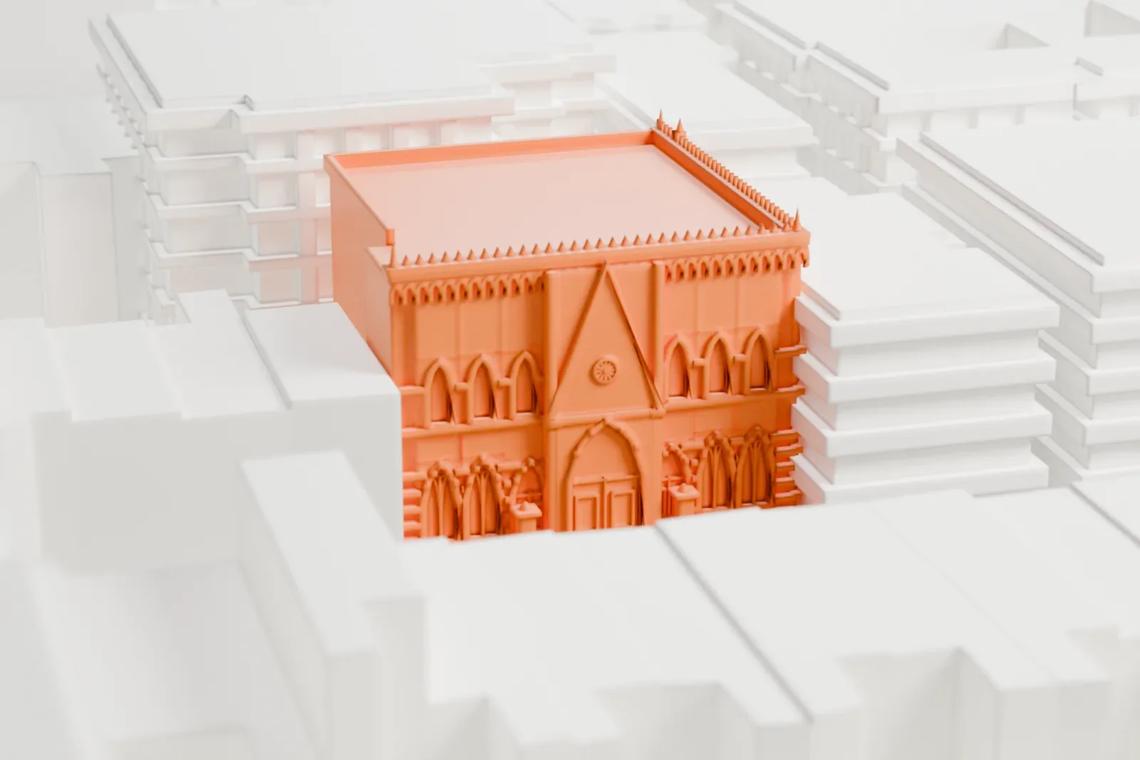 A white 3D print of Our Lady of Lourdes Church among its surrounding streets and buildings.