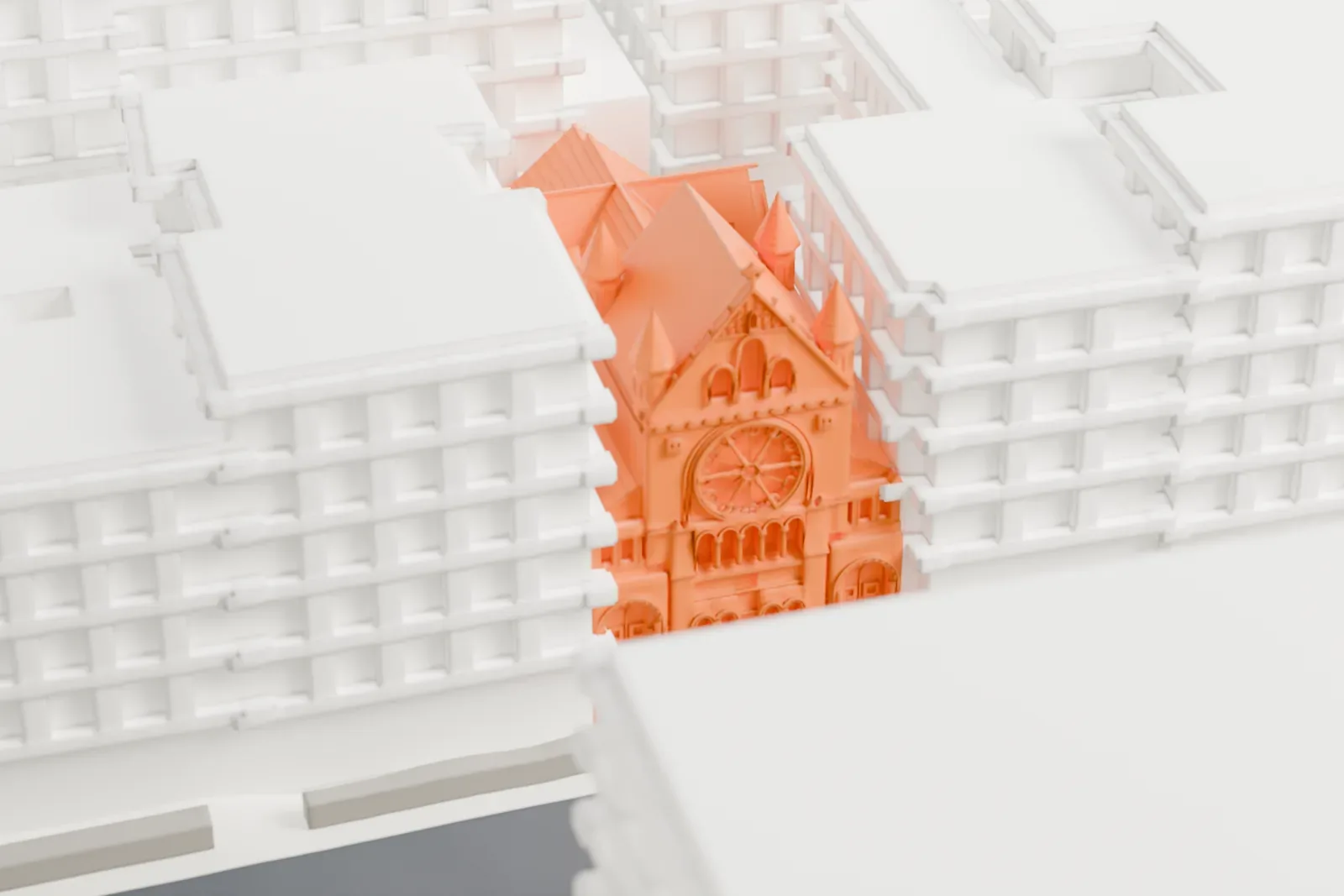 A white 3D print of Our Saviour New York, a small church tucked between much taller buildings in dense city blocks.