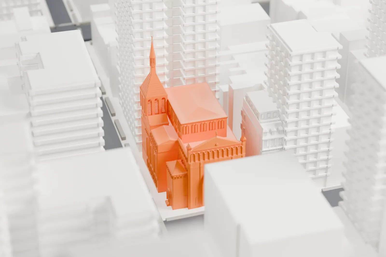 A white 3D print of Our Saviour Roman Catholic Church, a small church with a slim spire squeezed between tall buildings.
