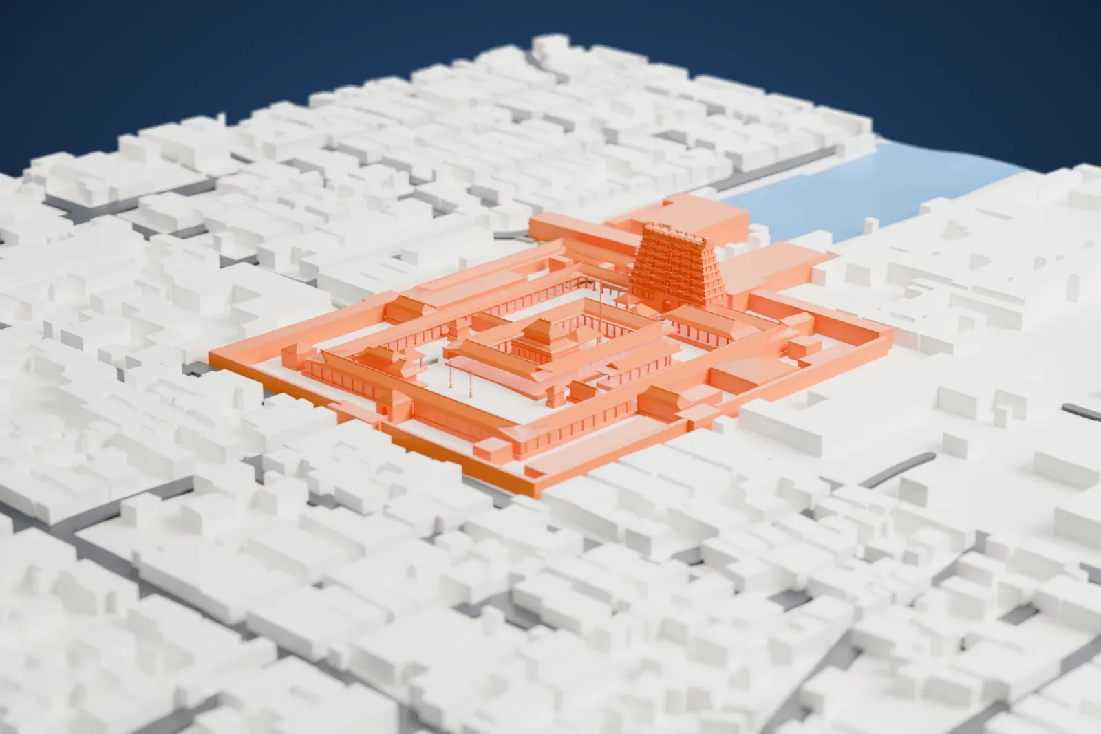 A white 3D print of the Padmanabhaswamy Temple, a rectangle of long ranges around a courtyard with a tall tiered gateway tower at one end, set among closely packed buildings and narrow streets.