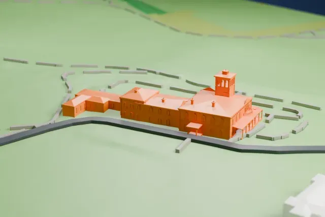 A white 3D print of the Pah Homestead, a large villa with a square central tower, hip roofs and a wide veranda, set in open parkland with curving paths.