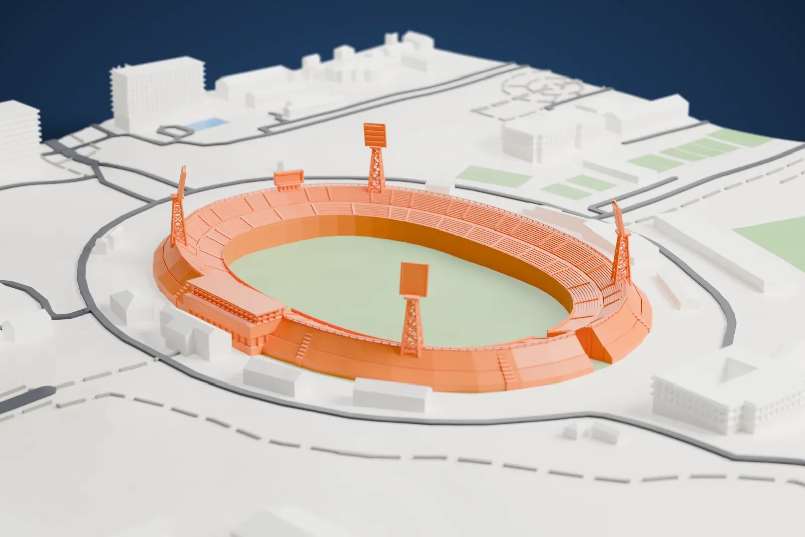 A white 3D print of the Pakhtakor Central Stadium, an open oval bowl with four lattice floodlight towers and a low glazed pavilion along one side, on a base of surrounding streets and buildings.
