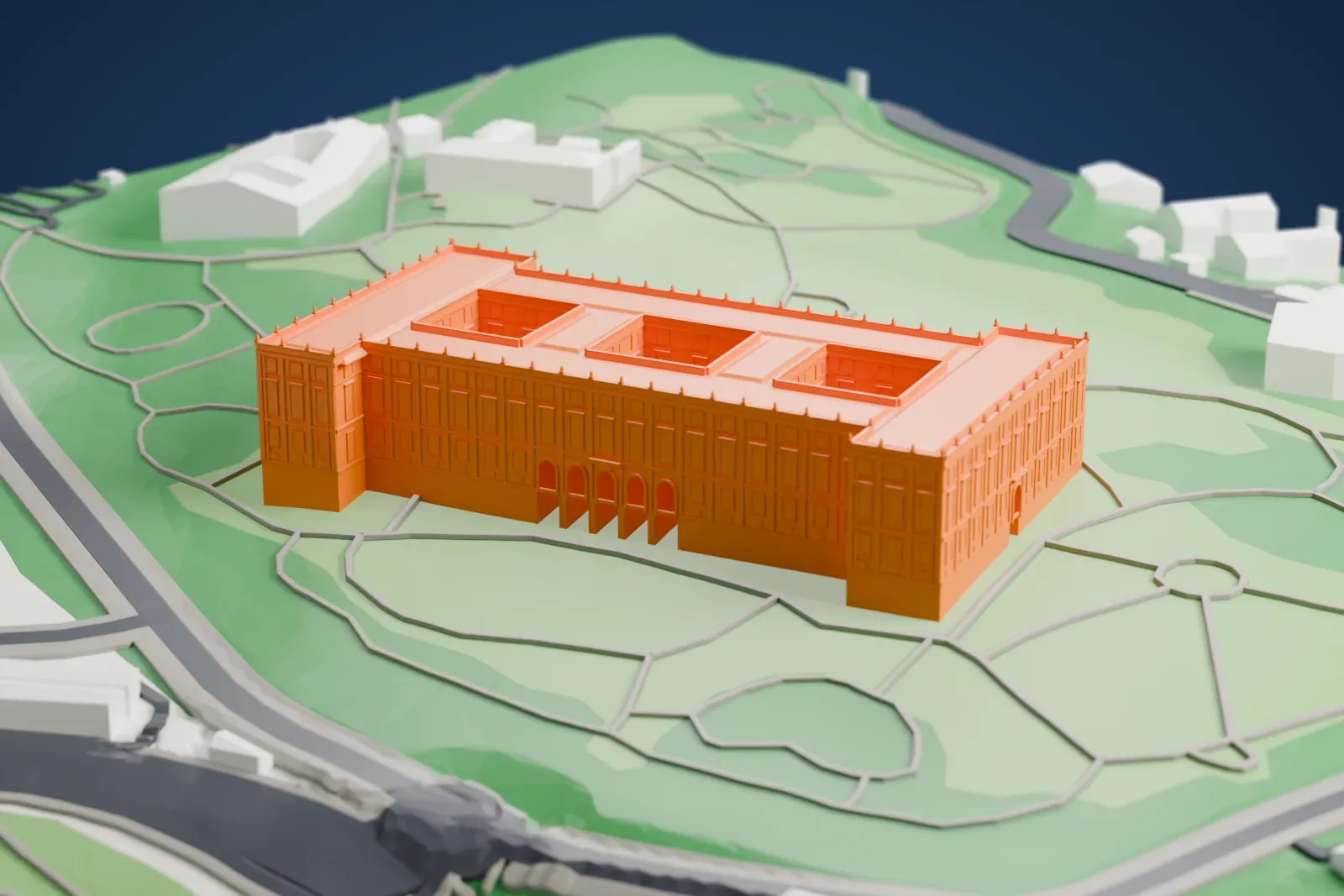 A white 3D print of the Palace of Capodimonte on its hilltop, with the surrounding park and city buildings.