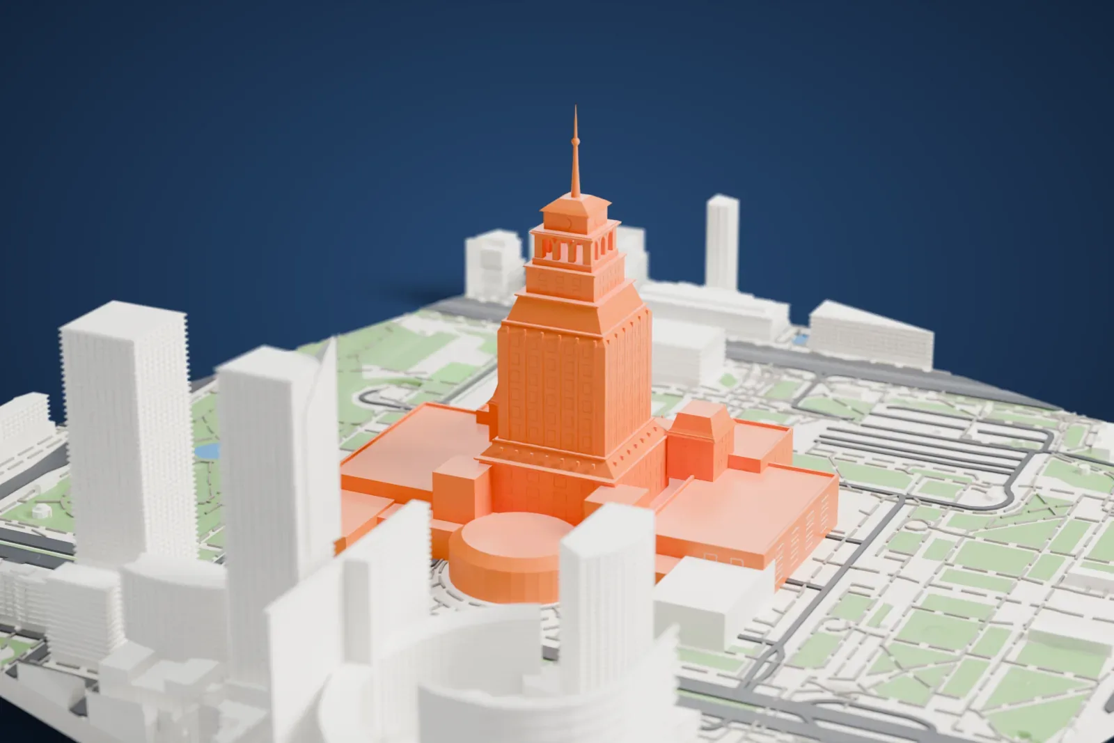 A white 3D print of the Palace of Culture and Science, a tall stepped tower with a thin spire rising from wide wings, with parks, streets and glass towers around it.