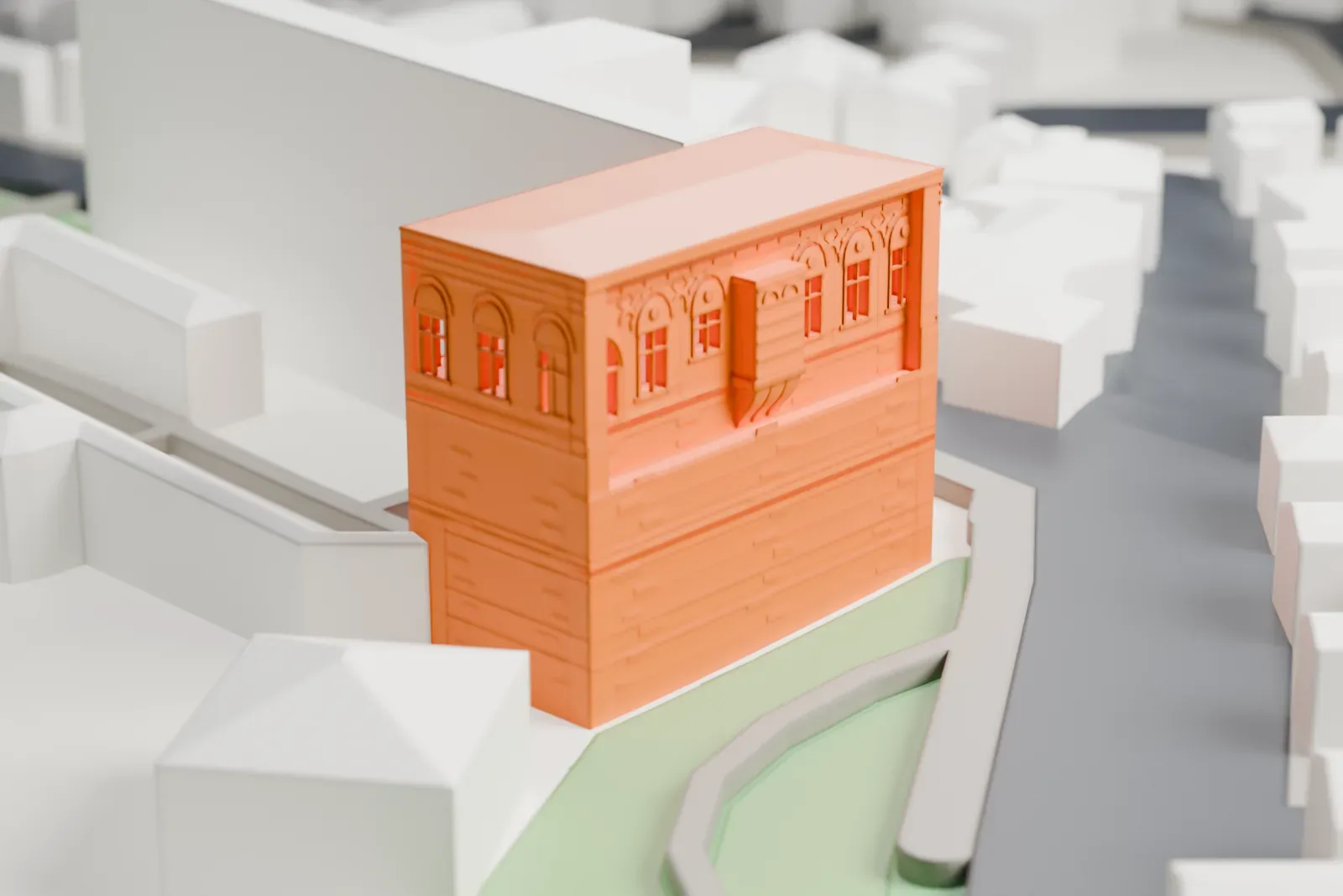 A white 3D print of the Palace of the Porphyrogenitus with the surrounding city walls and buildings.