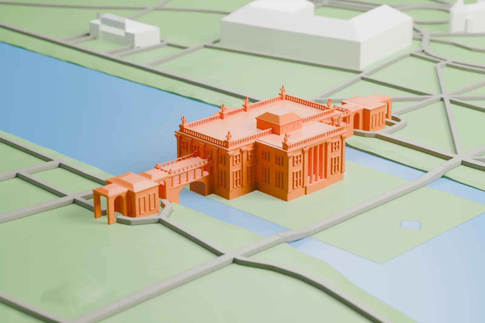 A white 3D print of the Palace on the Isle, a low classicist palace on an island in a lake, with two colonnaded bridges linking it to the surrounding park.