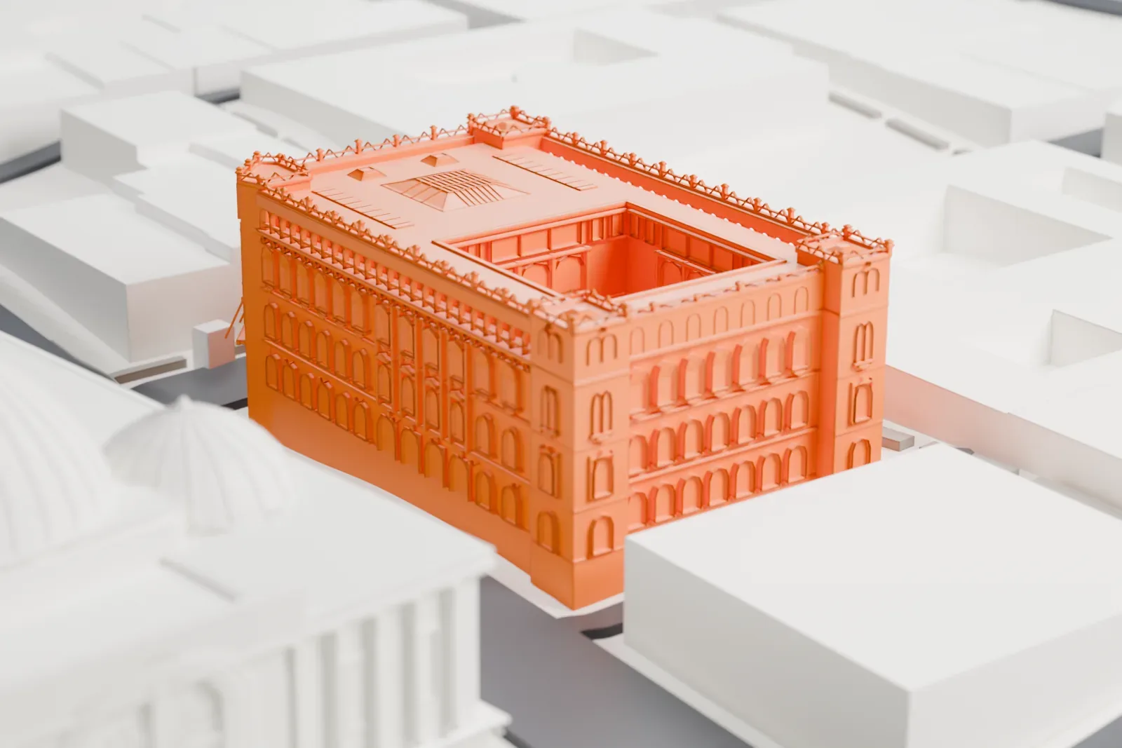 A white 3D print of the Palacio de Correos de México with arched windows, an open central courtyard and an ornamented roofline, surrounded by streets and buildings.