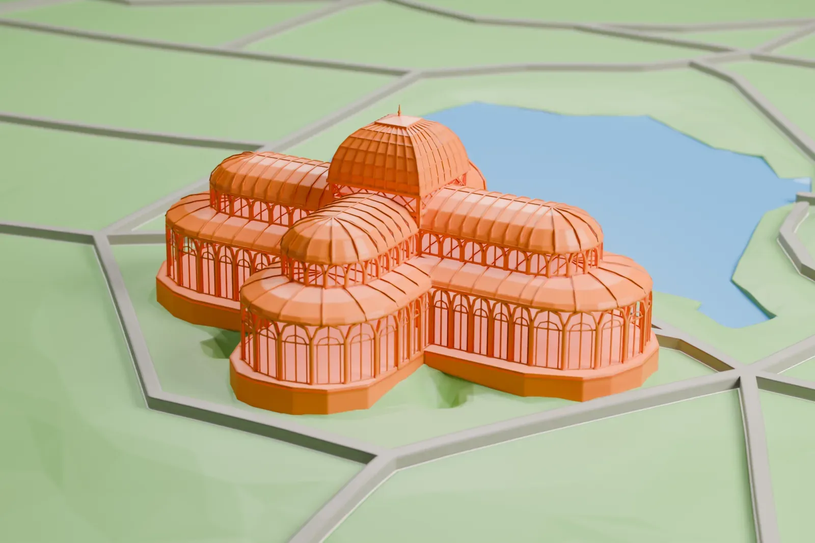 A white 3D print of the Palacio de Cristal beside a lake in the Buen Retiro Park.