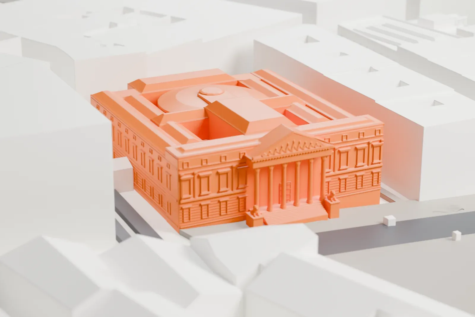 A white 3D print of the Palacio de las Cortes among the buildings of central Madrid.