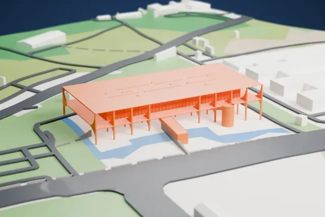 A white 3D print of the Palácio do Planalto, a wide flat-roofed building raised on slim columns, with a pool of water beside it and lawns and roads around it.