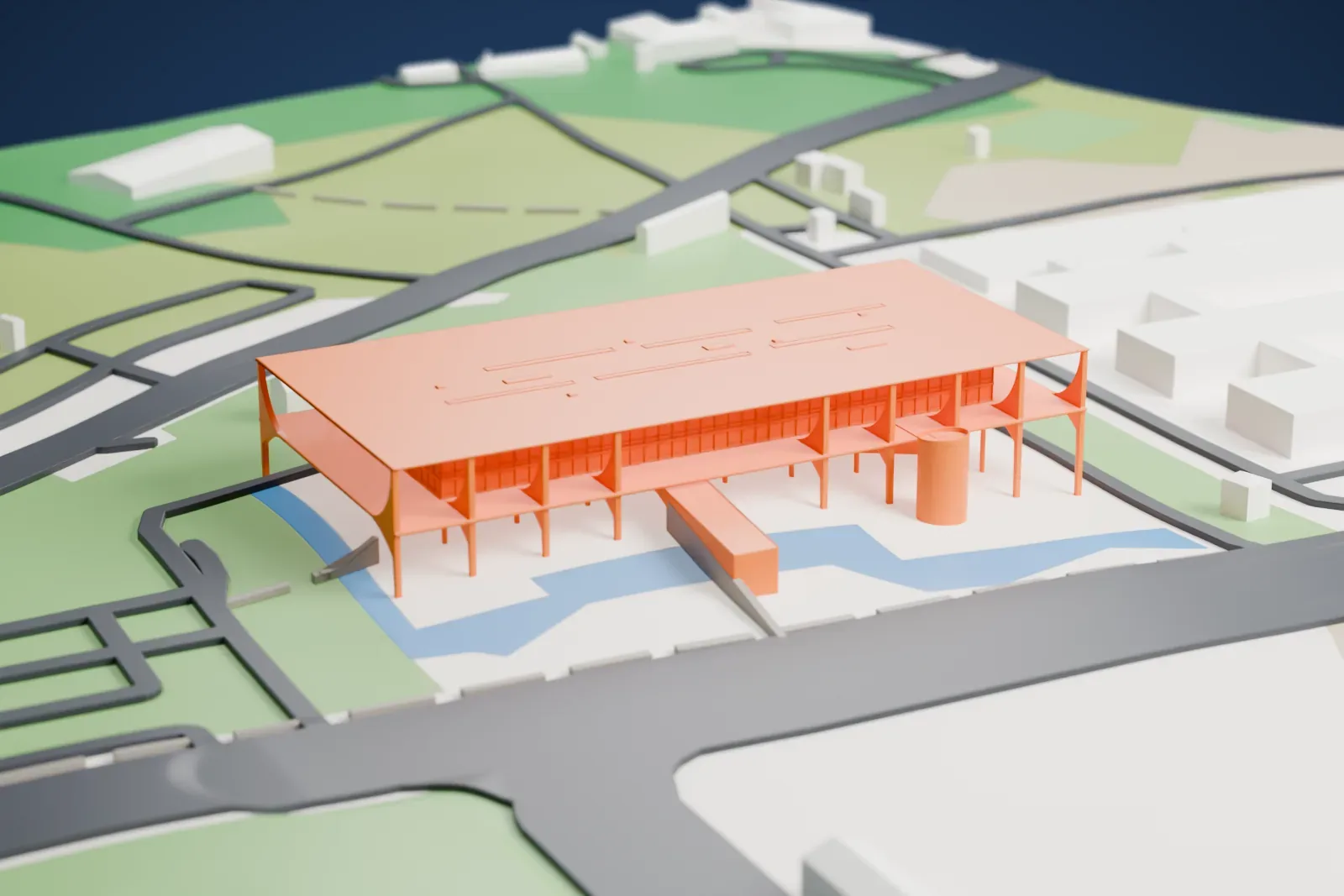 A white 3D print of the Palácio do Planalto, a wide flat-roofed building raised on slim columns, with a pool of water beside it and lawns and roads around it.