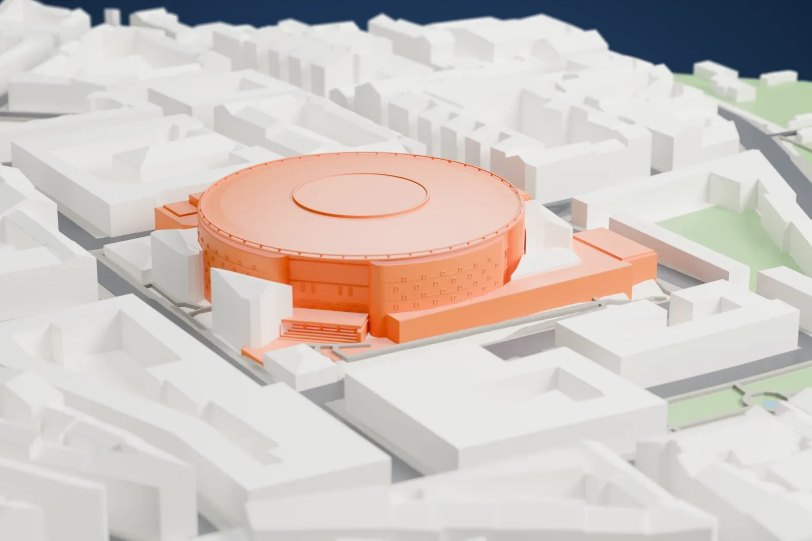 A white 3D print of the Palacio Vistalegre in Madrid, with the arena and surrounding streets and buildings.