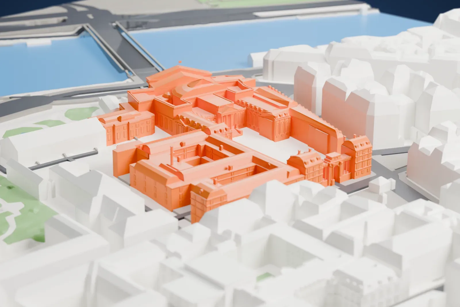 A white 3D print of the Palais Bourbon, a long Neoclassical palace with a columned front and wings around a courtyard, among the streets and buildings around it.
