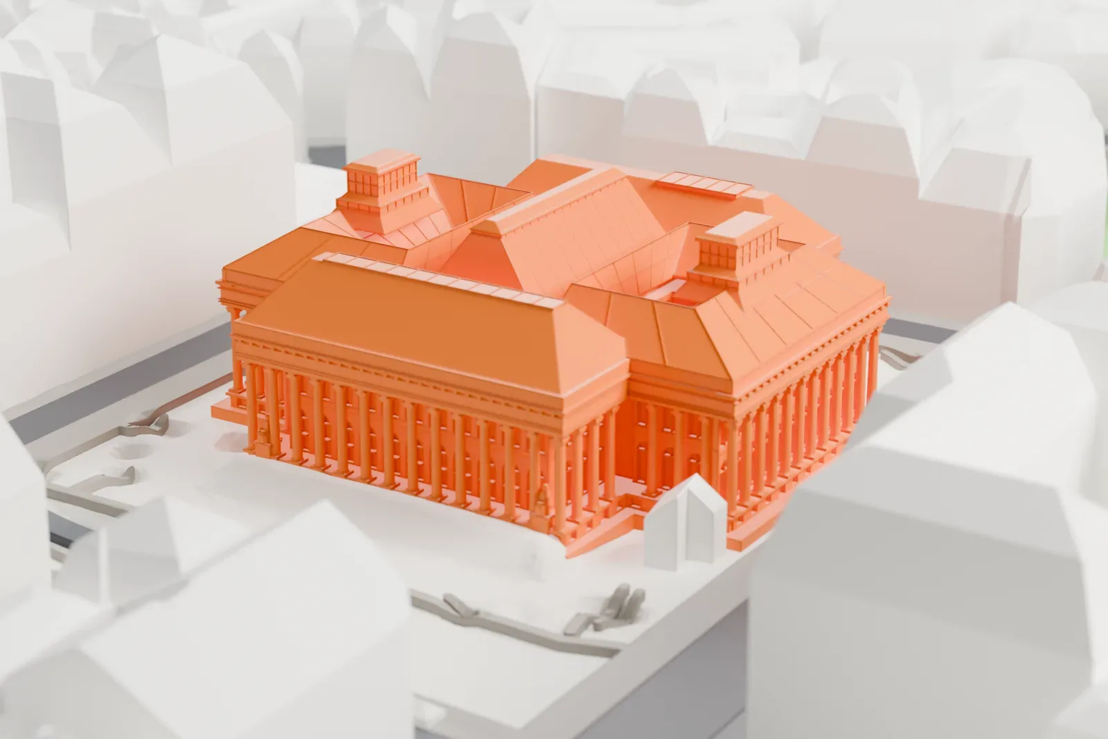 A white 3D print of the Palais Brongniart on the Place de la Bourse in Paris, with surrounding streets and buildings.
