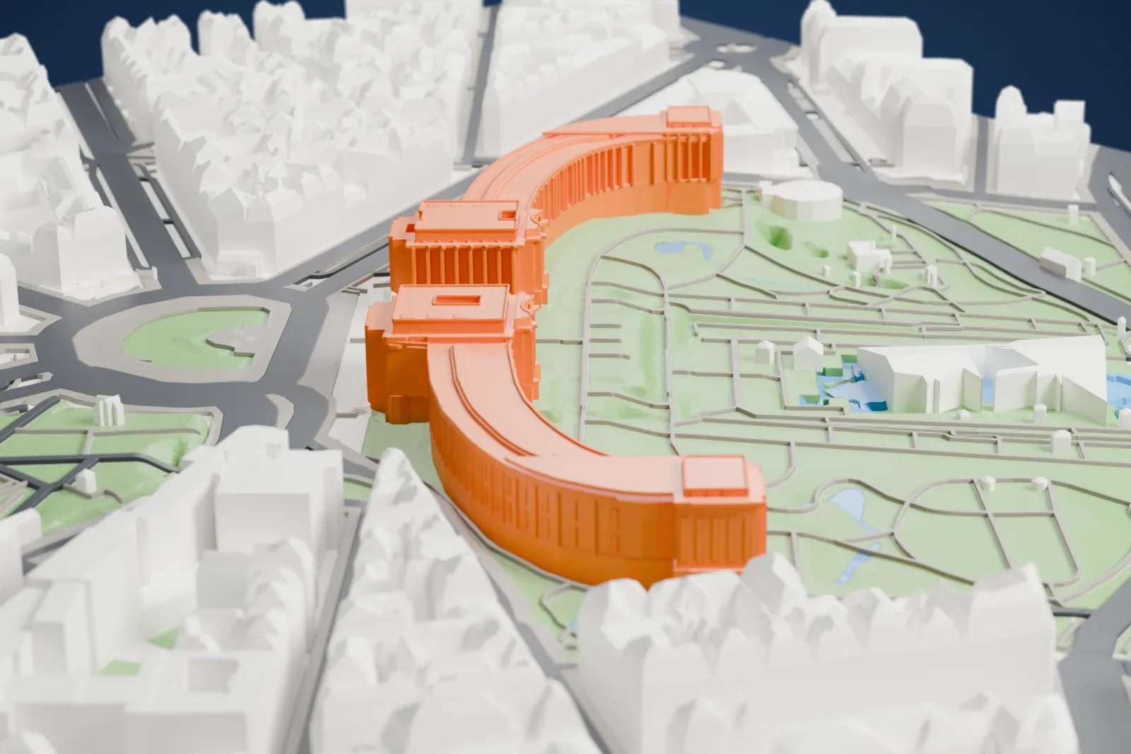 A white 3D print of the Palais de Chaillot, two curved wings facing an open esplanade, on the Chaillot Hill with streets and buildings around it.