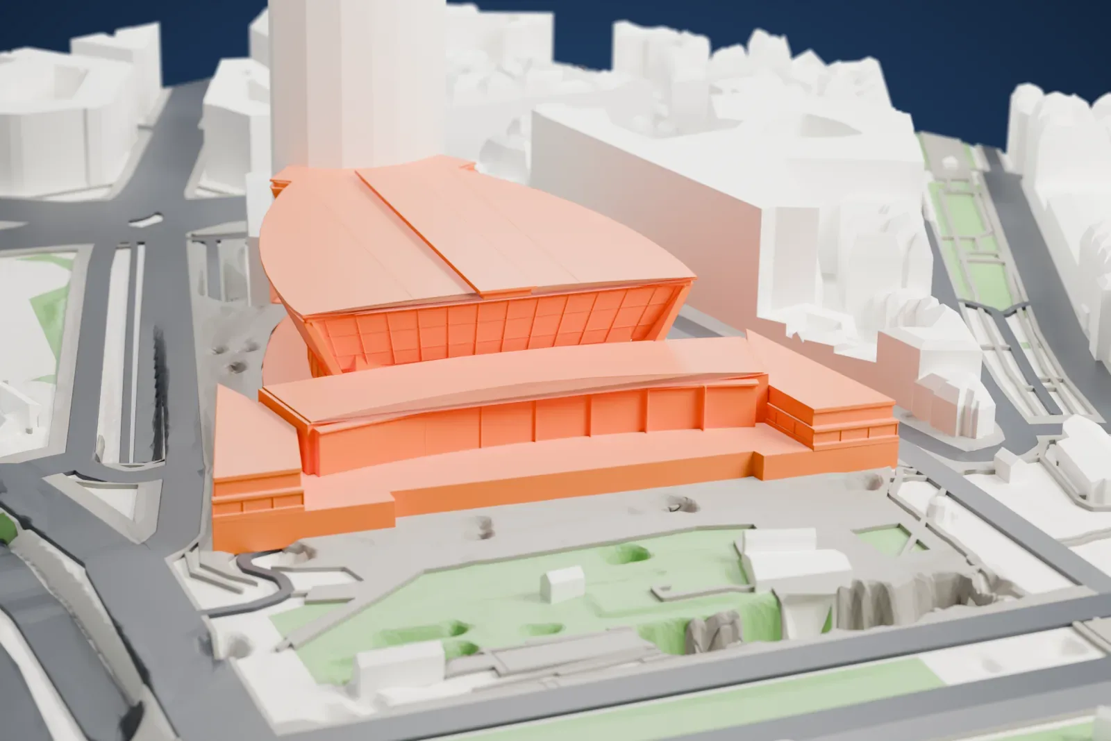A white 3D print of the Palais des congrès de Paris at Porte Maillot, among the surrounding streets and buildings.