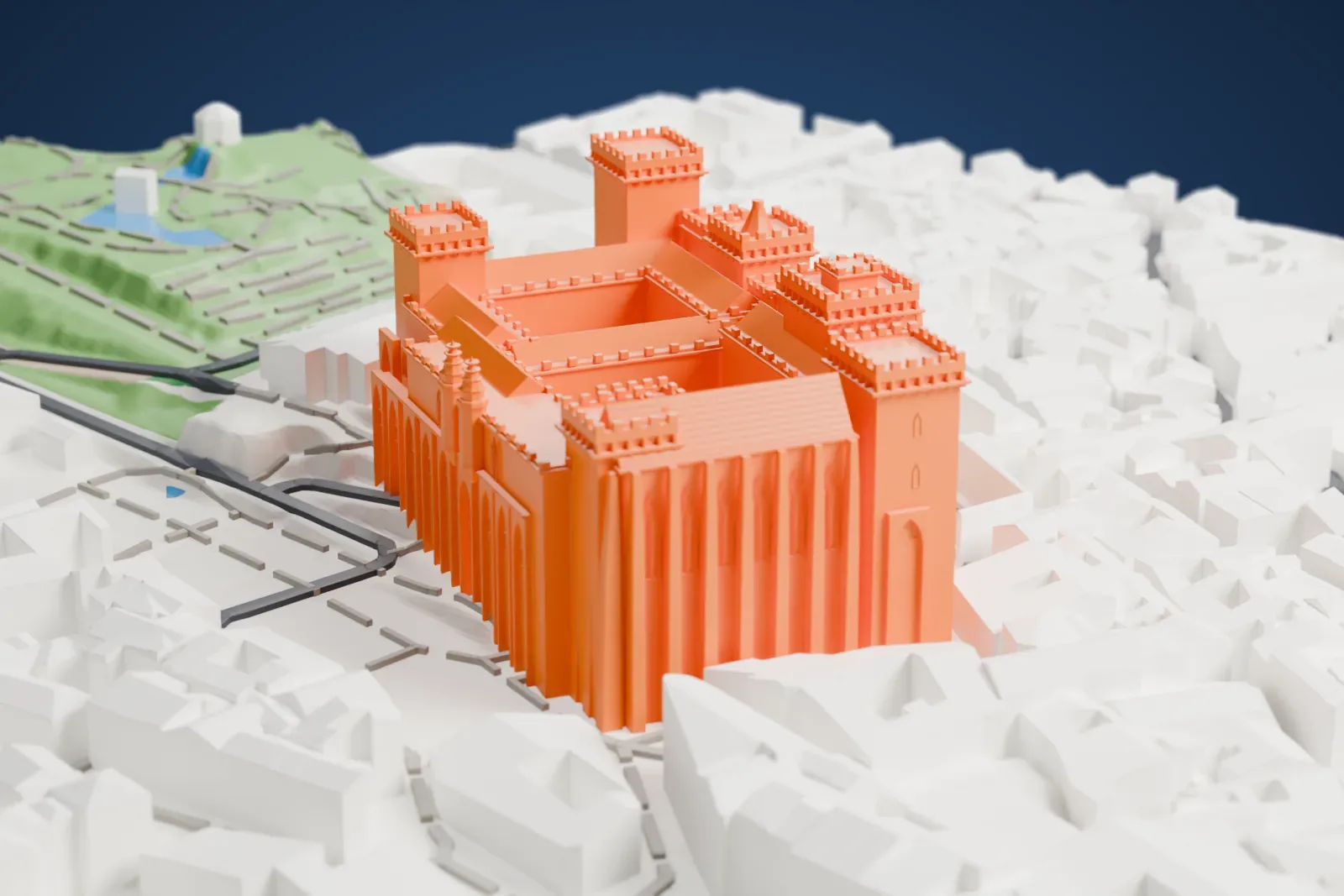 A white 3D print of the Palais des Papes, a fortress-like palace with battlemented towers and a tall wall with pointed windows, surrounded by closely packed town buildings.