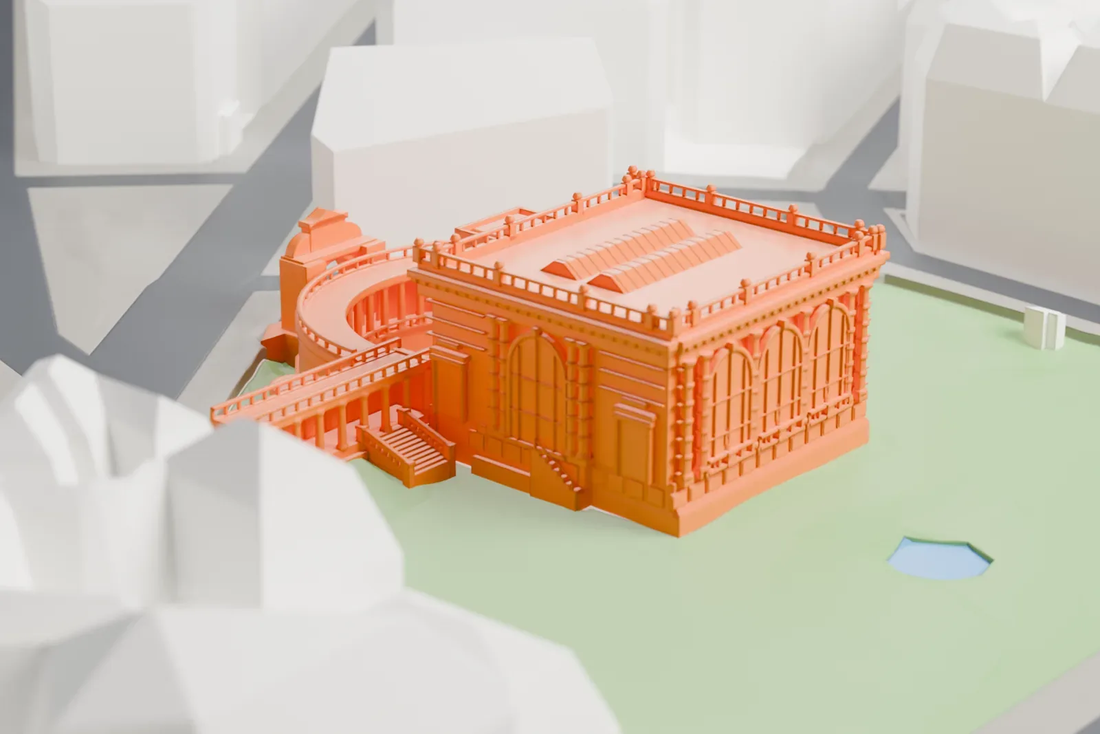 A white 3D print of the Palais Galliera facing a square in Paris, with the surrounding city buildings behind it.