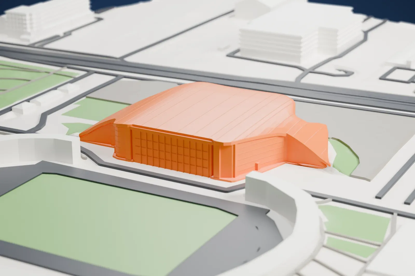 A white 3D print of Palais Nikaïa, a low concert hall with a sweeping ribbed roof, beside a round stadium bowl and surrounded by parking lots and roads.