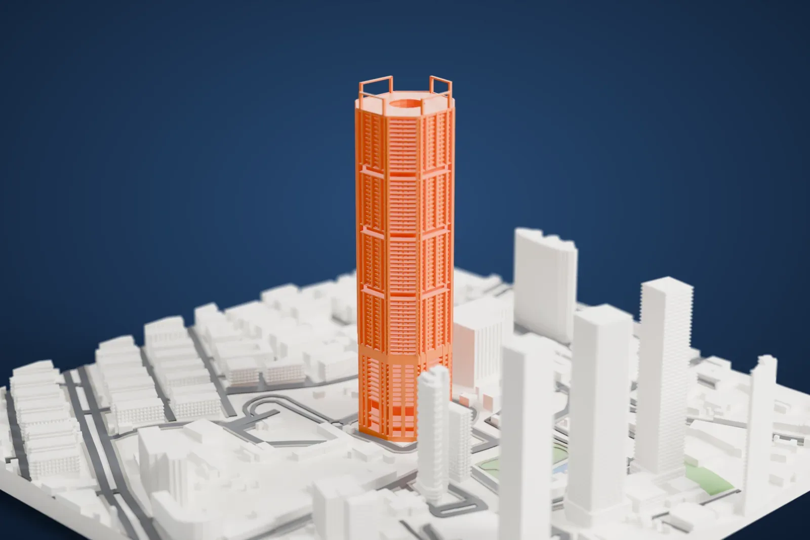 A white 3D print of Palais Royale, a tall octagonal tower with stacked balcony plates, vertical piers and open roof frames, among surrounding city buildings.