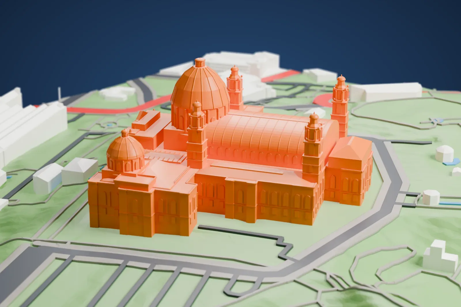 A white 3D print of the Palau Nacional among the surrounding streets and buildings.