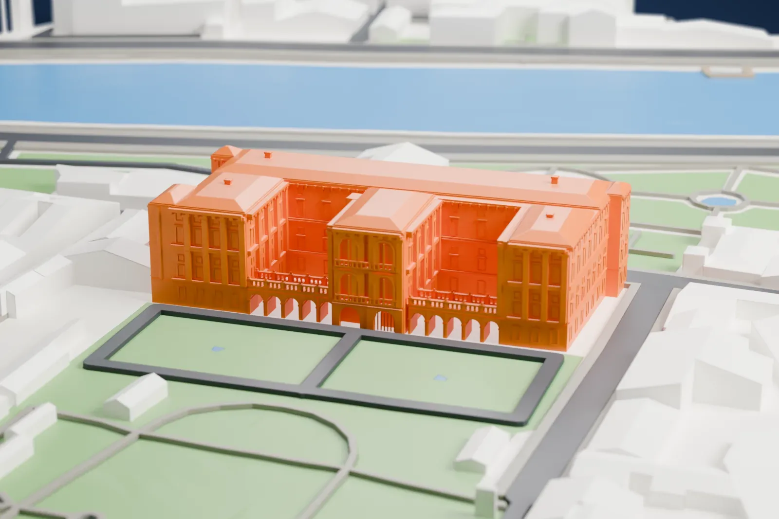 A white 3D print of the Palazzo Corsini in the Trastevere section of Rome, with surrounding streets and buildings.