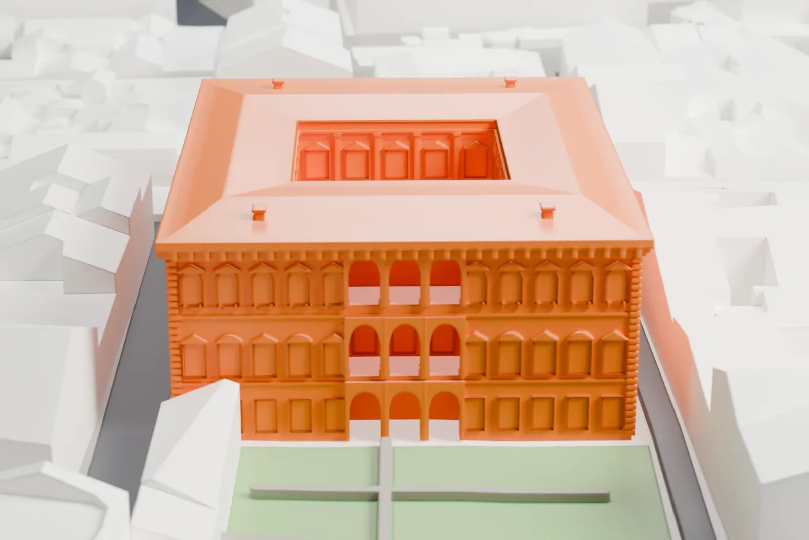 A white 3D print of the Palazzo Farnese, a large palace block facing the Piazza Farnese in Rome.