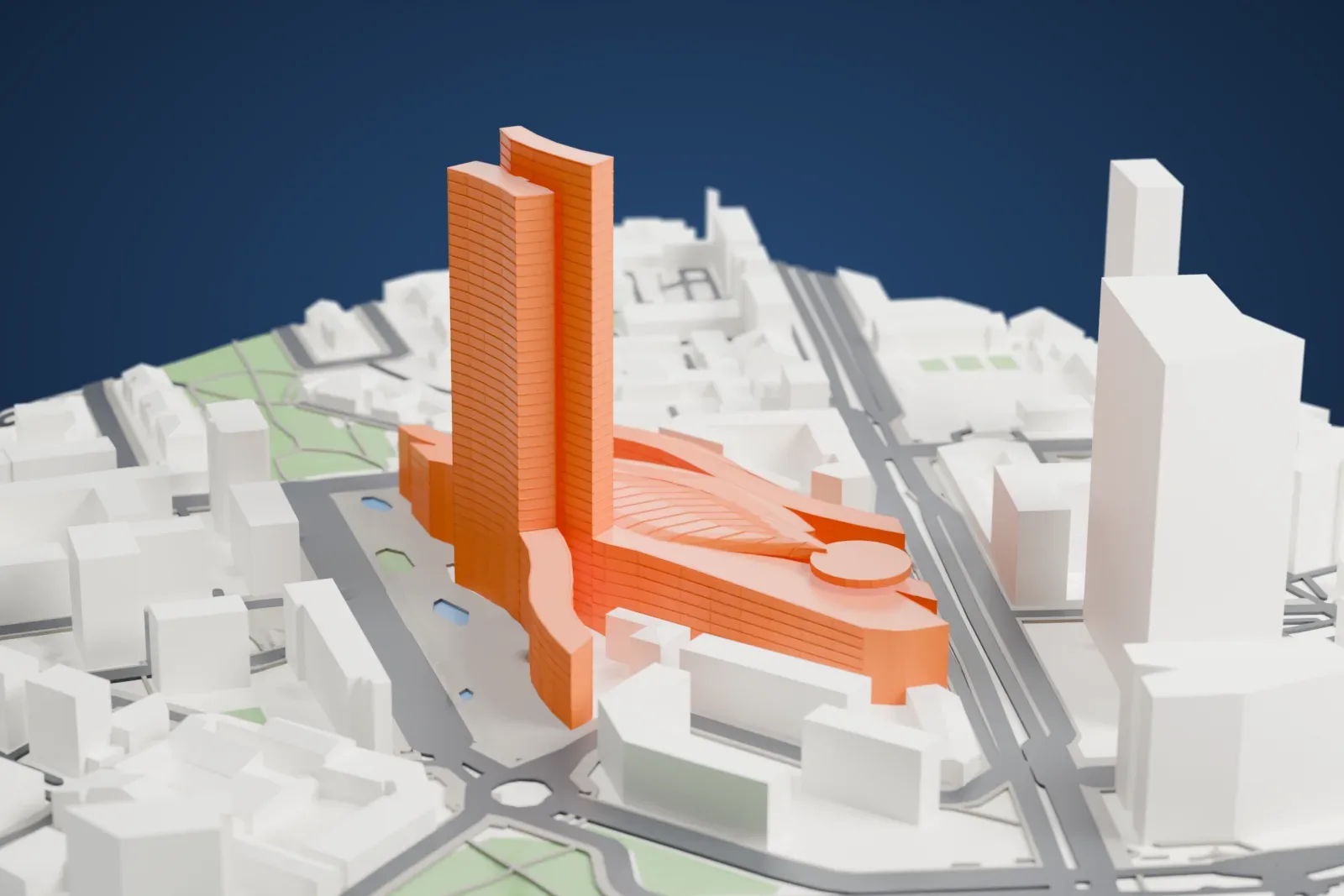 A white 3D print of the Palazzo Lombardia rising above the surrounding city streets and buildings.