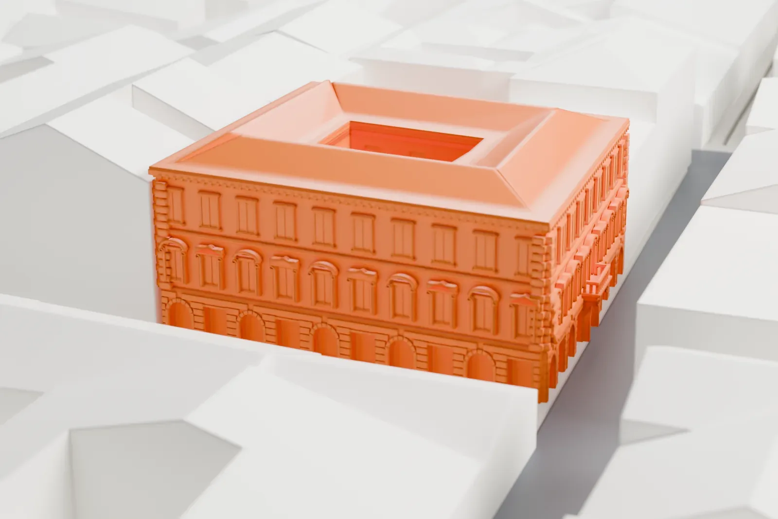 A white 3D print of Palazzo Malta among the surrounding buildings on Via dei Condotti in Rome.
